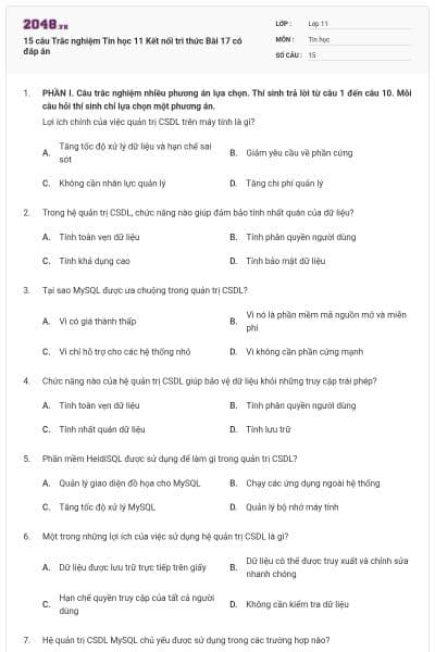 15 câu Trắc nghiệm Tin học 11 Kết nối tri thức Bài 17 có đáp án