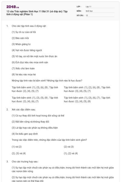 12 câu Trắc nghiệm Sinh Học 11 Bài 31 (có đáp án): Tập tính ở động vật (Phần 1)