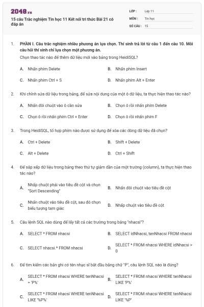 15 câu Trắc nghiệm Tin học 11 Kết nối tri thức Bài 21 có đáp án