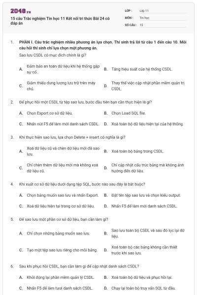 15 câu Trắc nghiệm Tin học 11 Kết nối tri thức Bài 24 có đáp án