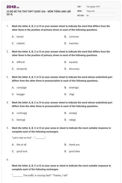 25 BỘ ĐỀ THI THỬ THPT QUỐC GIA - MÔN TIẾNG ANH (ĐỀ SỐ 4)