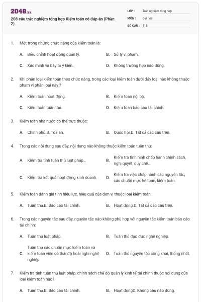 208 câu trắc nghiệm tổng hợp Kiểm toán có đáp án (Phần 2)