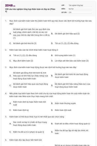 208 câu trắc nghiệm tổng hợp Kiểm toán có đáp án (Phần 4)