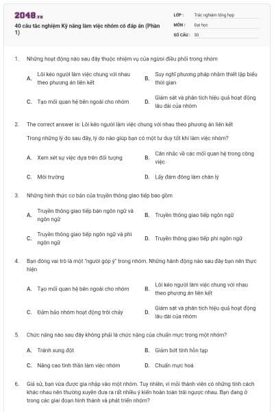 40 câu tắc nghiệm Kỹ năng làm việc nhóm có đáp án (Phần 1)
