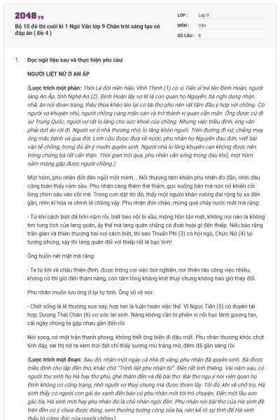 Bộ 10 đề thi cuối kì 1 Ngữ Văn lớp 9 Chân trời sáng tạo có đáp án ( Đề 4 )