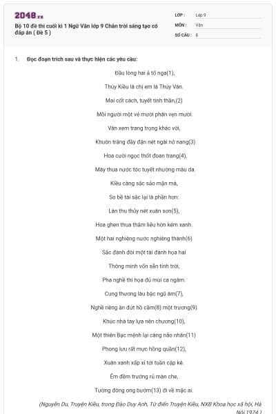 Bộ 10 đề thi cuối kì 1 Ngữ Văn lớp 9 Chân trời sáng tạo có đáp án ( Đề 5 )