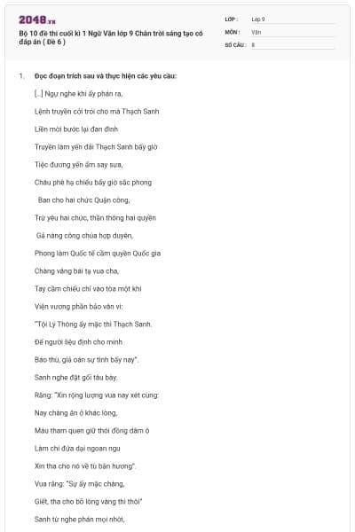 Bộ 10 đề thi cuối kì 1 Ngữ Văn lớp 9 Chân trời sáng tạo có đáp án ( Đề 6 )