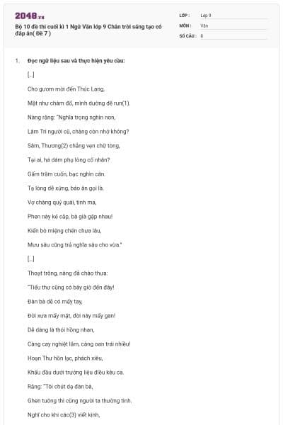 Bộ 10 đề thi cuối kì 1 Ngữ Văn lớp 9 Chân trời sáng tạo có đáp án( Đề 7 )
