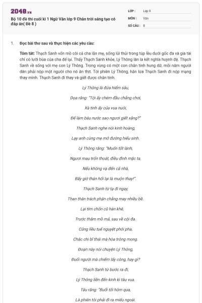 Bộ 10 đề thi cuối kì 1 Ngữ Văn lớp 9 Chân trời sáng tạo có đáp án( Đề 8 )