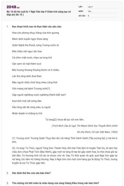 Bộ 10 đề thi cuối kì 1 Ngữ Văn lớp 9 Chân trời sáng tạo có đáp án( Đề 10 )