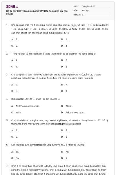 Đề thi thử THPT Quốc gia năm 2019 Hóa học có lời giải (Đề số 28)