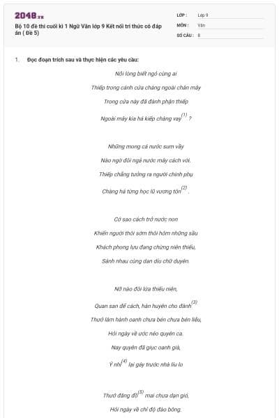 Bộ 10 đề thi cuối kì 1 Ngữ Văn lớp 9 Kết nối tri thức có đáp án ( Đề 5)