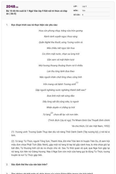 Bộ 10 đề thi cuối kì 1 Ngữ Văn lớp 9 Kết nối tri thức có đáp án ( Đề 8)