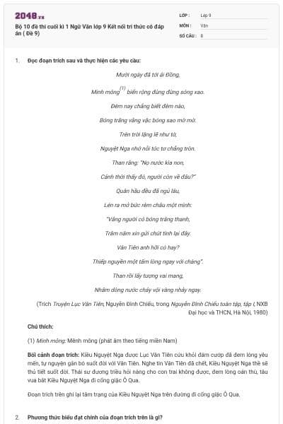 Bộ 10 đề thi cuối kì 1 Ngữ Văn lớp 9 Kết nối tri thức có đáp án ( Đề 9)