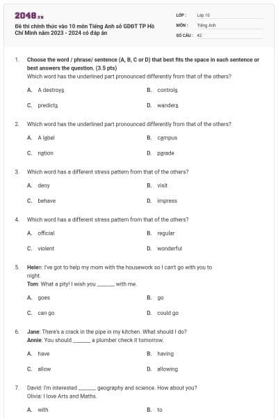 Đề thi chính thức vào 10 môn Tiếng Anh sở GDĐT TP Hồ Chí Minh năm 2023 - 2024 có đáp án