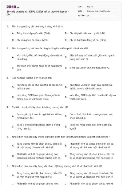 Bộ 4 đề thi giữa kì 1 KTPL 12 Kết nối tri thức có đáp án - Đề 1