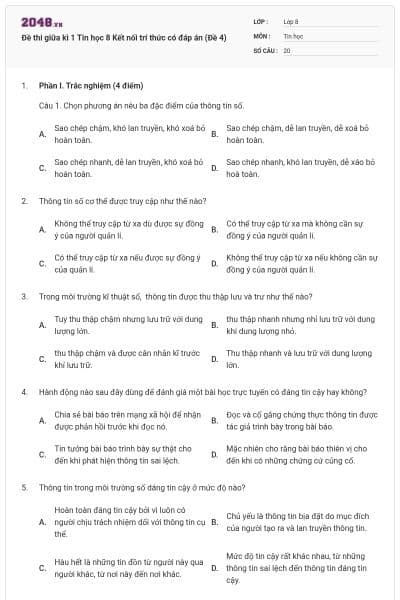 Đề thi giữa kì 1 Tin học 8 Kết nối trí thức có đáp án (Đề 4)