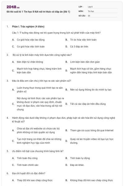 Đề thi cuối kì 1 Tin học 8 Kết nối tri thức có đáp án (Đề 1)