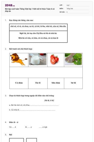 Bài tập cuối tuần Tiếng Việt lớp 1 Kết nối tri thức Tuần 6 có đáp án