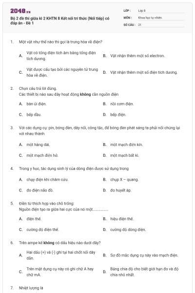 Bộ 2 đề thi giữa kì 2 KHTN 8 Kết nối tri thức (Nối tiếp) có đáp án - Đề 1