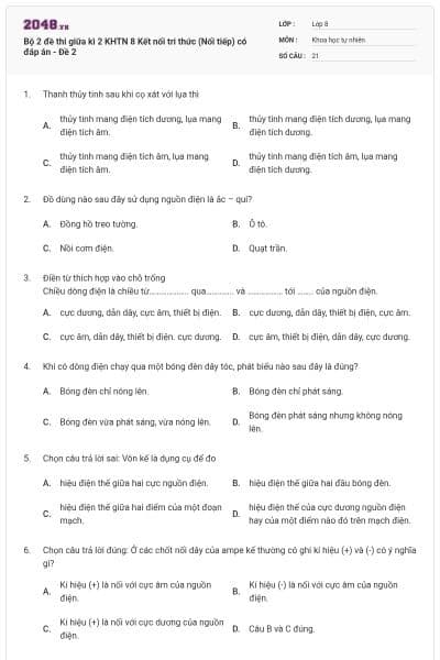 Bộ 2 đề thi giữa kì 2 KHTN 8 Kết nối tri thức (Nối tiếp) có đáp án - Đề 2