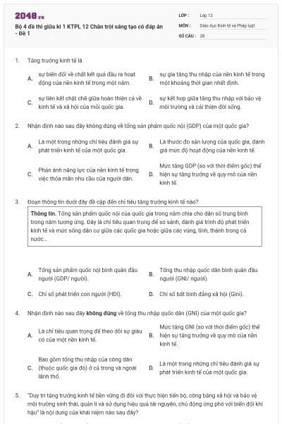 Bộ 4 đề thi giữa kì 1 KTPL 12 Chân trời sáng tạo có đáp án - Đề 1