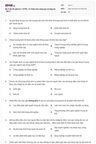 Bộ 4 đề thi giữa kì 1 KTPL 12 Chân trời sáng tạo có đáp án - Đề 2