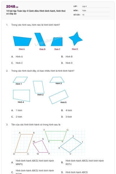 10 bài tập Toán lớp 4 Cánh diều Hình bình hành, hình thoi có đáp án