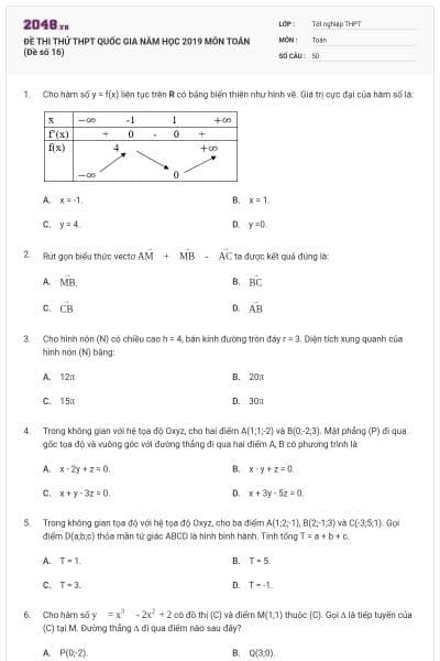 ĐỀ THI THỬ THPT QUỐC GIA NĂM HỌC 2019 MÔN TOÁN (Đề số 16)