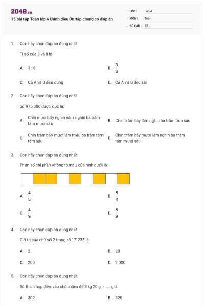 15 bài tập Toán lớp 4 Cánh diều Ôn tập chung có đáp án