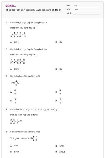 11 bài tập Toán lớp 4 Cánh diều Luyện tập chung có đáp án