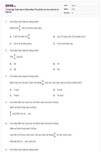 12 bài tập Toán lớp 4 Cánh diều Tìm phân số của một số có đáp án