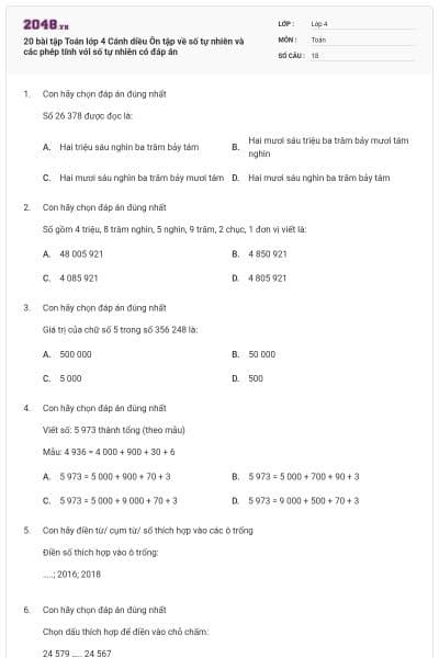 20 bài tập Toán lớp 4 Cánh diều Ôn tập về số tự nhiên và các phép tính với số tự nhiên có đáp án