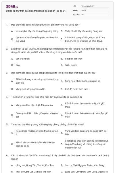 20 Đề thi thử thpt quốc gia môn Địa lí có đáp án (Đề số 04)