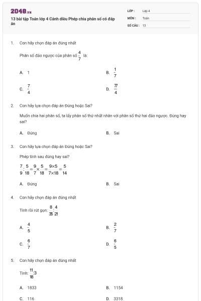 13 bài tập Toán lớp 4 Cánh diều Phép chia phân số có đáp án
