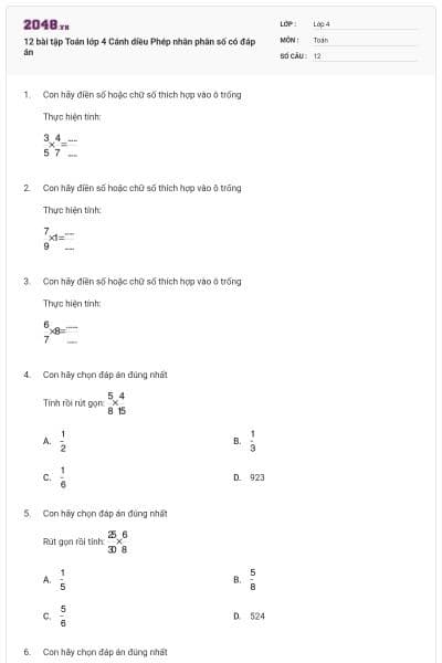 12 bài tập Toán lớp 4 Cánh diều Phép nhân phân số có đáp án
