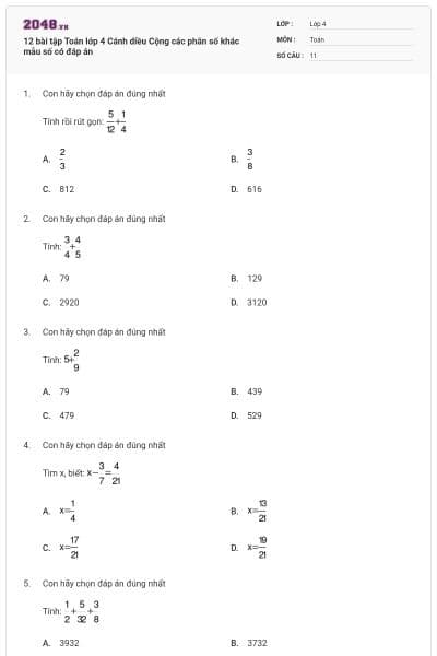 12 bài tập Toán lớp 4 Cánh diều Cộng các phân số khác mẫu số có đáp án