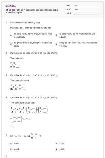11 bài tập Toán lớp 4 Cánh diều Cộng các phân số cùng mẫu số có đáp án