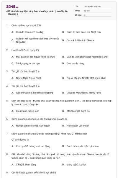 498 câu trắc nghiệm tổng hợp khoa học quản lý có đáp án - Chương 2