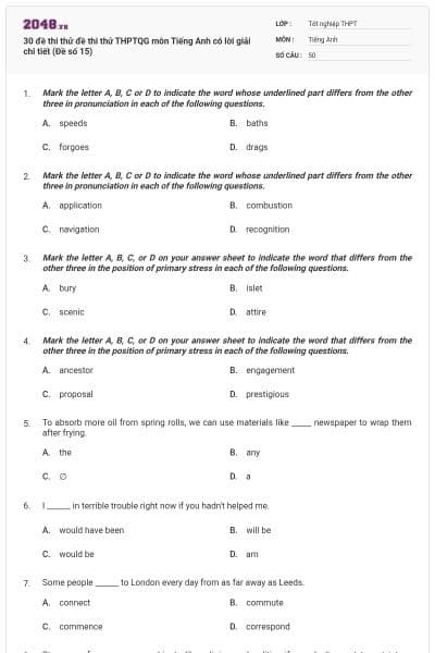 30 đề thi thử đề thi thử THPTQG môn Tiếng Anh có lời giải chi tiết (Đề số 15)