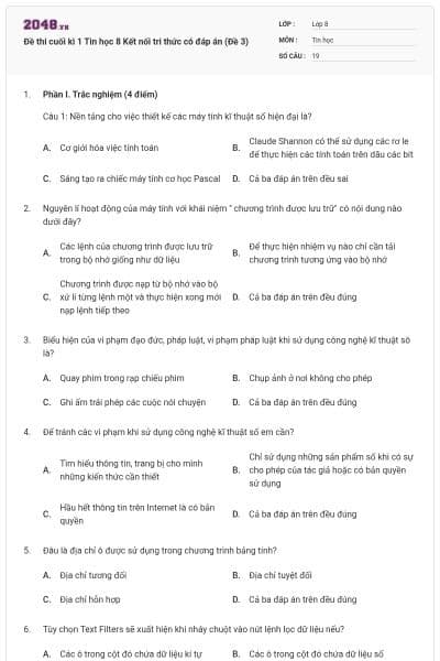 Đề thi cuối kì 1 Tin học 8 Kết nối tri thức có đáp án (Đề 3)