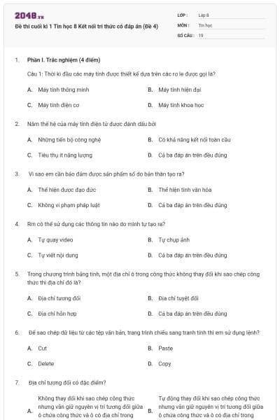 Đề thi cuối kì 1 Tin học 8 Kết nối tri thức có đáp án (Đề 4)