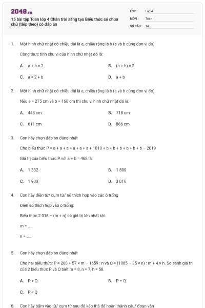 15 bài tập Toán lớp 4 Chân trời sáng tạo Biểu thức có chứa chữ (tiếp theo) có đáp án