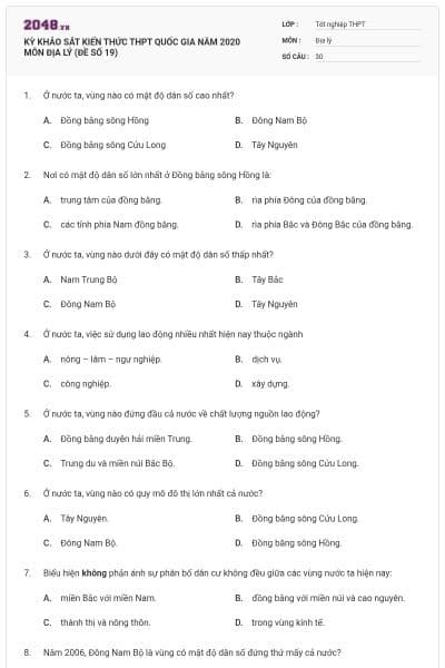 KỲ KHẢO SÁT KIẾN THỨC THPT QUỐC GIA NĂM 2020 MÔN ĐỊA LÝ (ĐỀ SỐ 19)
