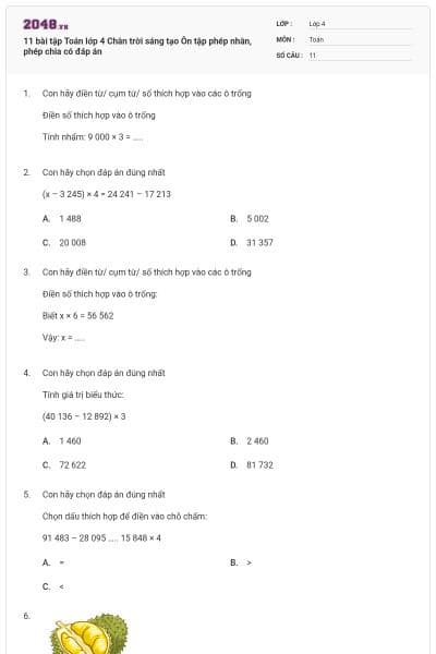 11 bài tập Toán lớp 4 Chân trời sáng tạo Ôn tập phép nhân, phép chia có đáp án