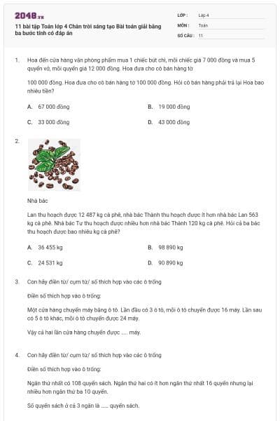 11 bài tập Toán lớp 4 Chân trời sáng tạo Bài toán giải bằng ba bước tính có đáp án