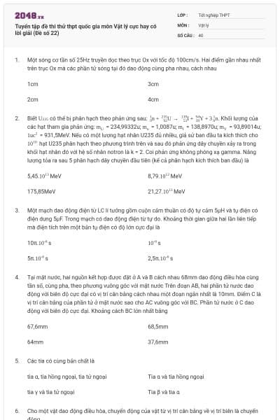 Tuyển tập đề thi thử thpt quốc gia môn Vật lý cực hay có lời giải (Đề số 22)