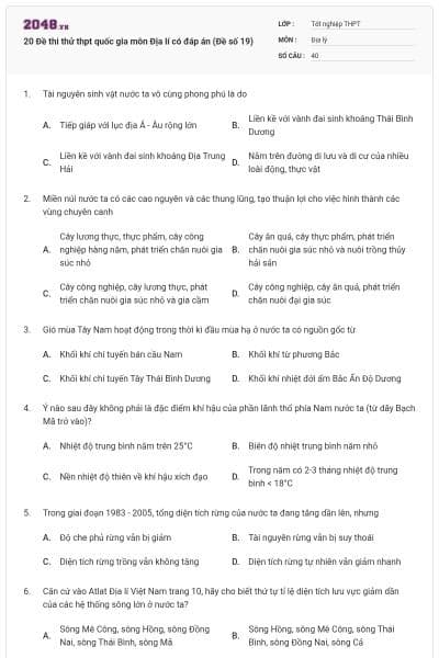 20 Đề thi thử thpt quốc gia môn Địa lí có đáp án (Đề số 19)
