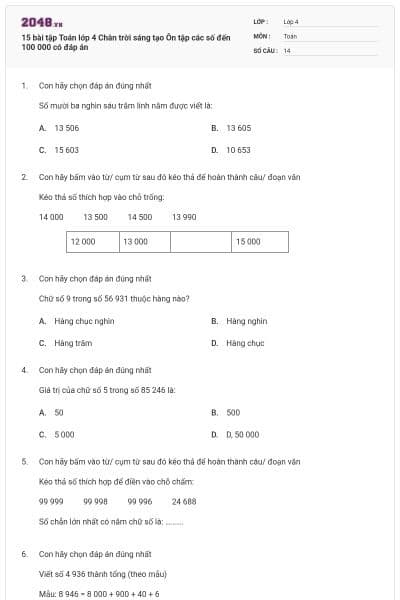15 bài tập Toán lớp 4 Chân trời sáng tạo Ôn tập các số đến 100 000 có đáp án