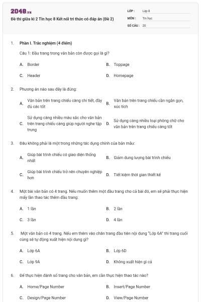 Đề thi giữa kì 2 Tin học 8 Kết nối tri thức có đáp án (Đề 2)